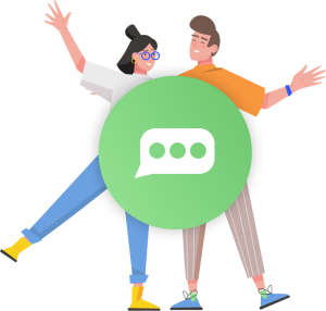 Melu chat widget with a happy couple behind it