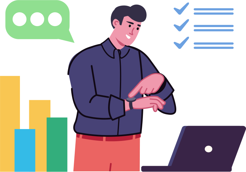 Man looking at his watch as a live chat happens